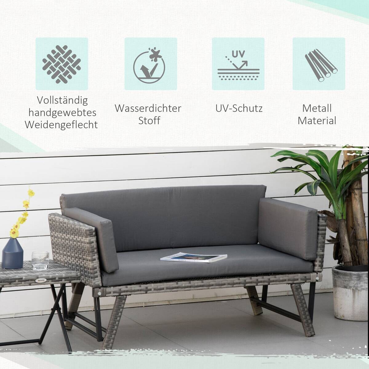 Outsunny Gartensofa grau Polyrattan B/H/L: ca. 63x129x67 cm