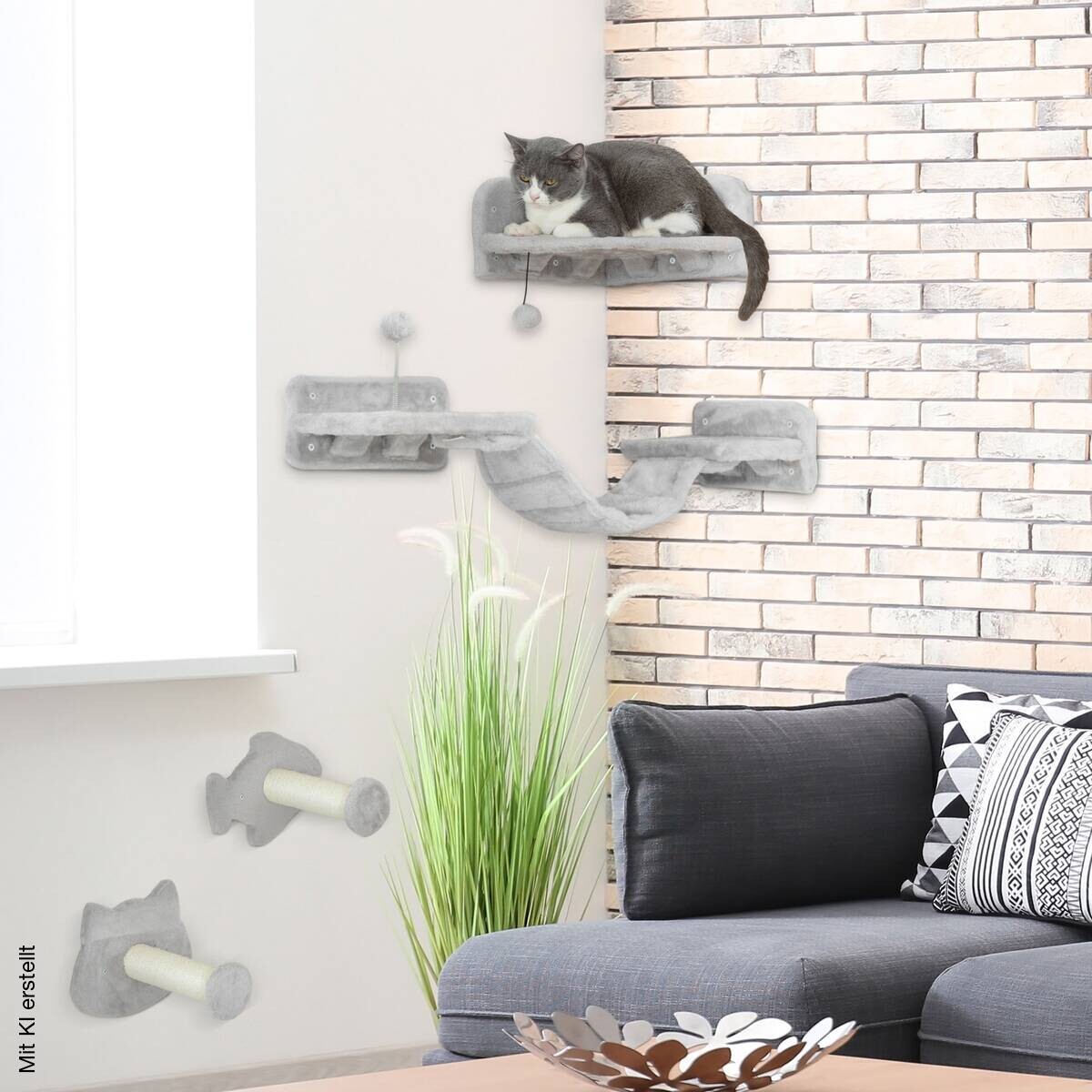 PawHut Katzen Kletterwand Set hellgrau Plüsch B/H/L: ca. 26x12,5x90 cm