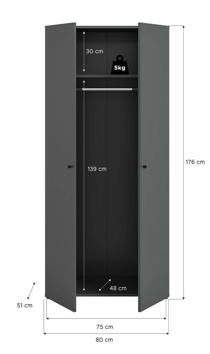 Kleiderschrank DARWIN anthrazit B/H/T: ca. 80x176x51 cm