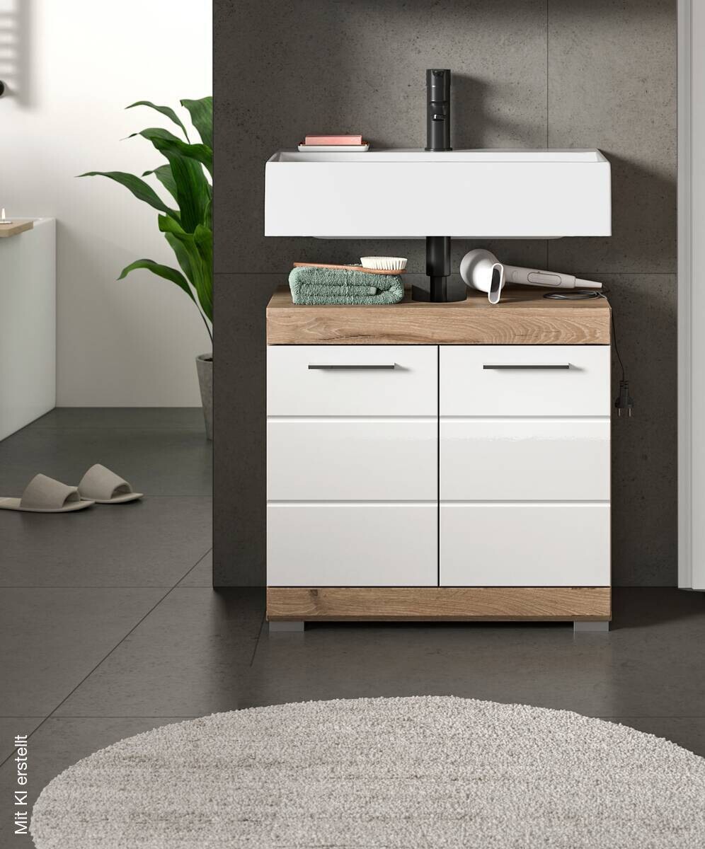 Waschbeckenunterschrank Wave Oak Nachbildung weiß Hochglanz B/H/T: ca. 60x56x34 cm