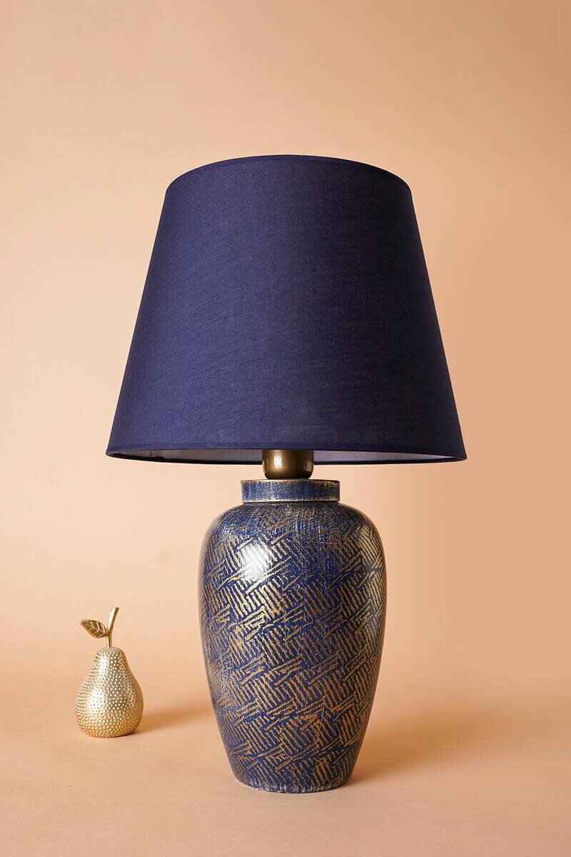 Opviq Tischleuchte blau gold Stoff Keramik B/H/T/L/D: ca. 32x53x32x32x32 cm E27 1 Brennstellen
