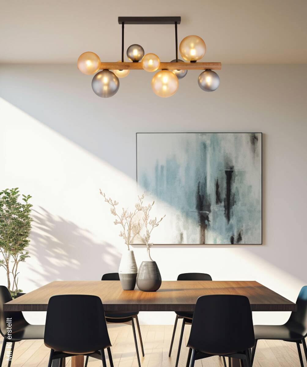 GLOBO LED-Deckenleuchte amber Rauch dunkelbraun Holz Glas Metall B/H/L: ca. 29x45x78 cm 9 Brennstellen