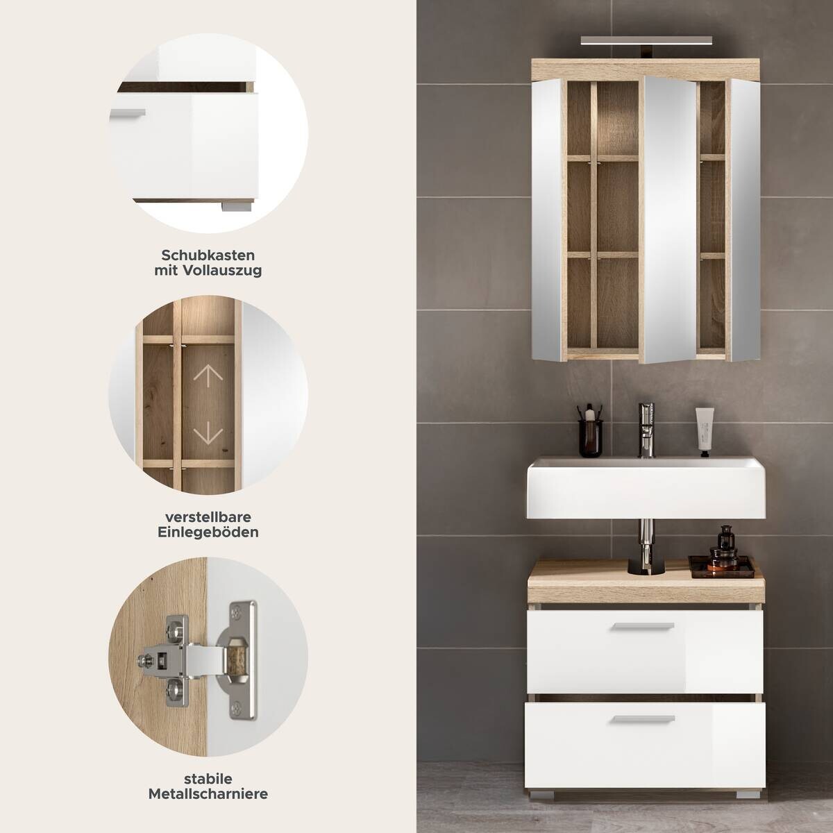 Badezimmer-Set Lambada Eiche Sonoma Nachbildung weiß Hochglanz B/H/T: ca. 60x191x37 cm