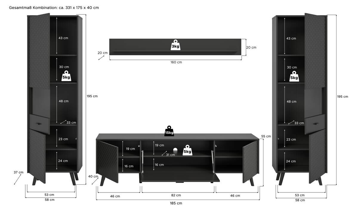Wohnwand LINEA grau schwarz B/H/T: ca. 331x195x40 cm