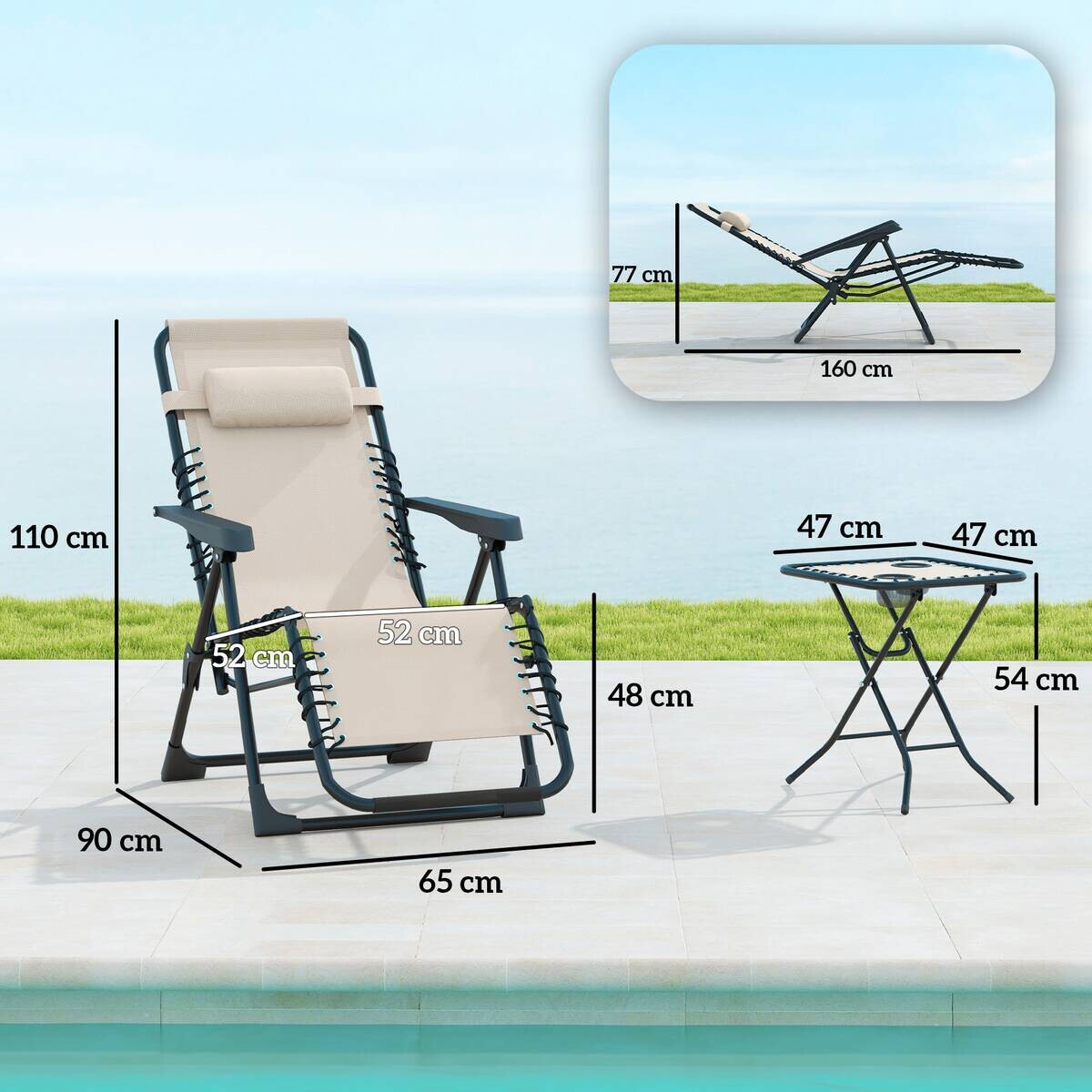 Outsunny Gartenliege 2er Set beige Metall B/H/L: ca. 65x110x90 cm