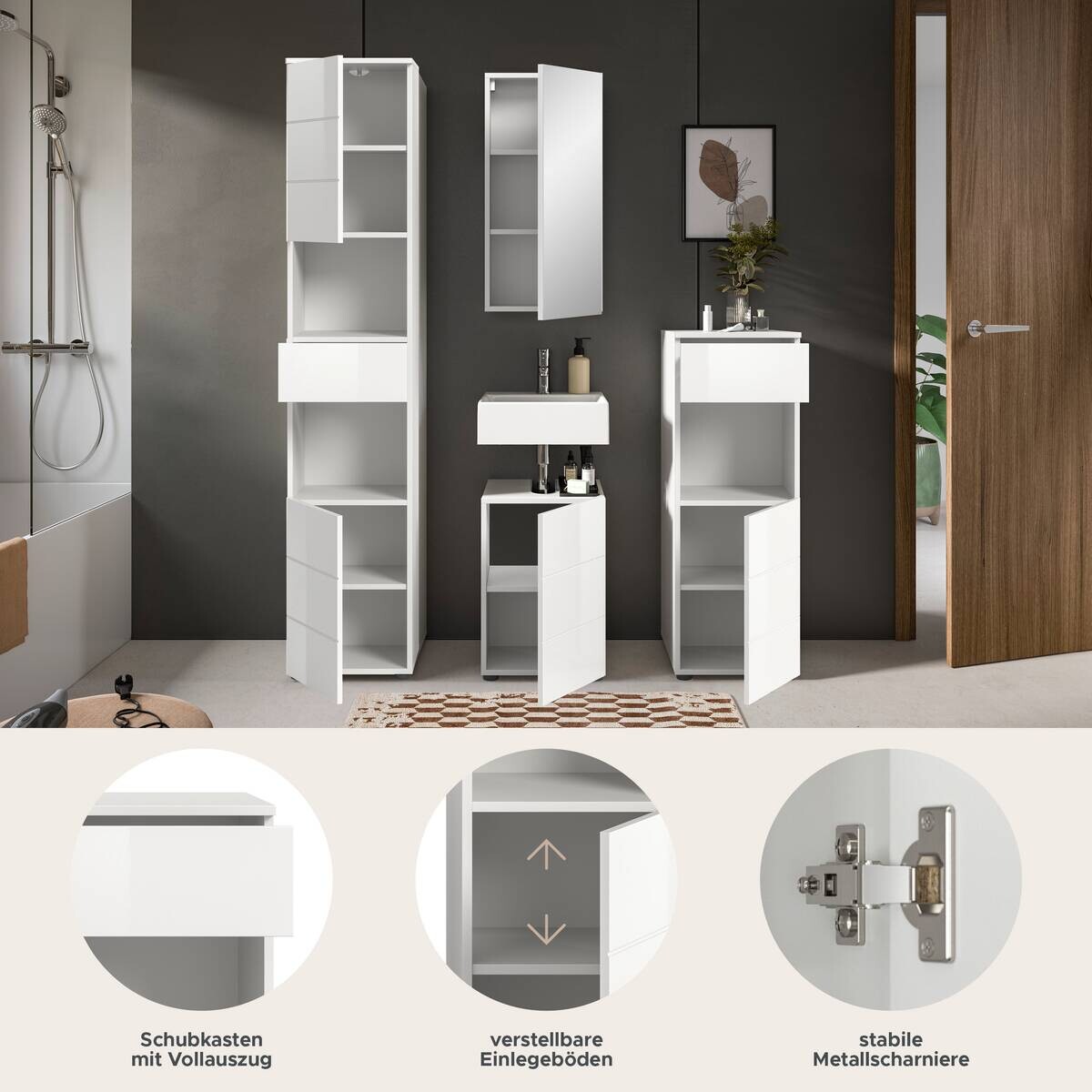 Badezimmer-Set VIRA weiß weiß Hochglanz B/H/T: ca. 144x190x34 cm