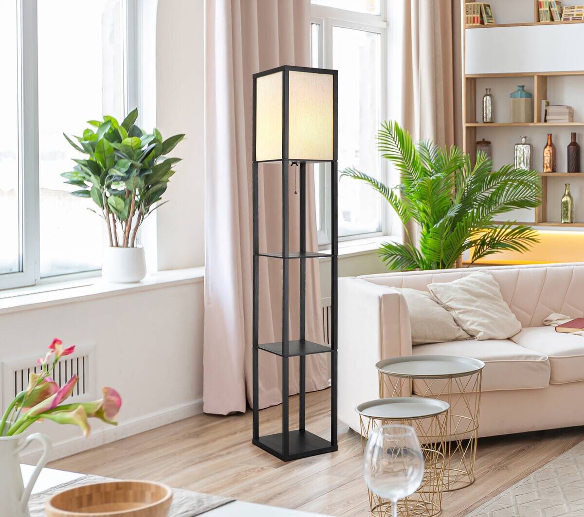 GLOBO Stehlampe natur schwarz PVC Holz Textil B/H/L: ca. 26x159x26 cm E27 1 Brennstellen