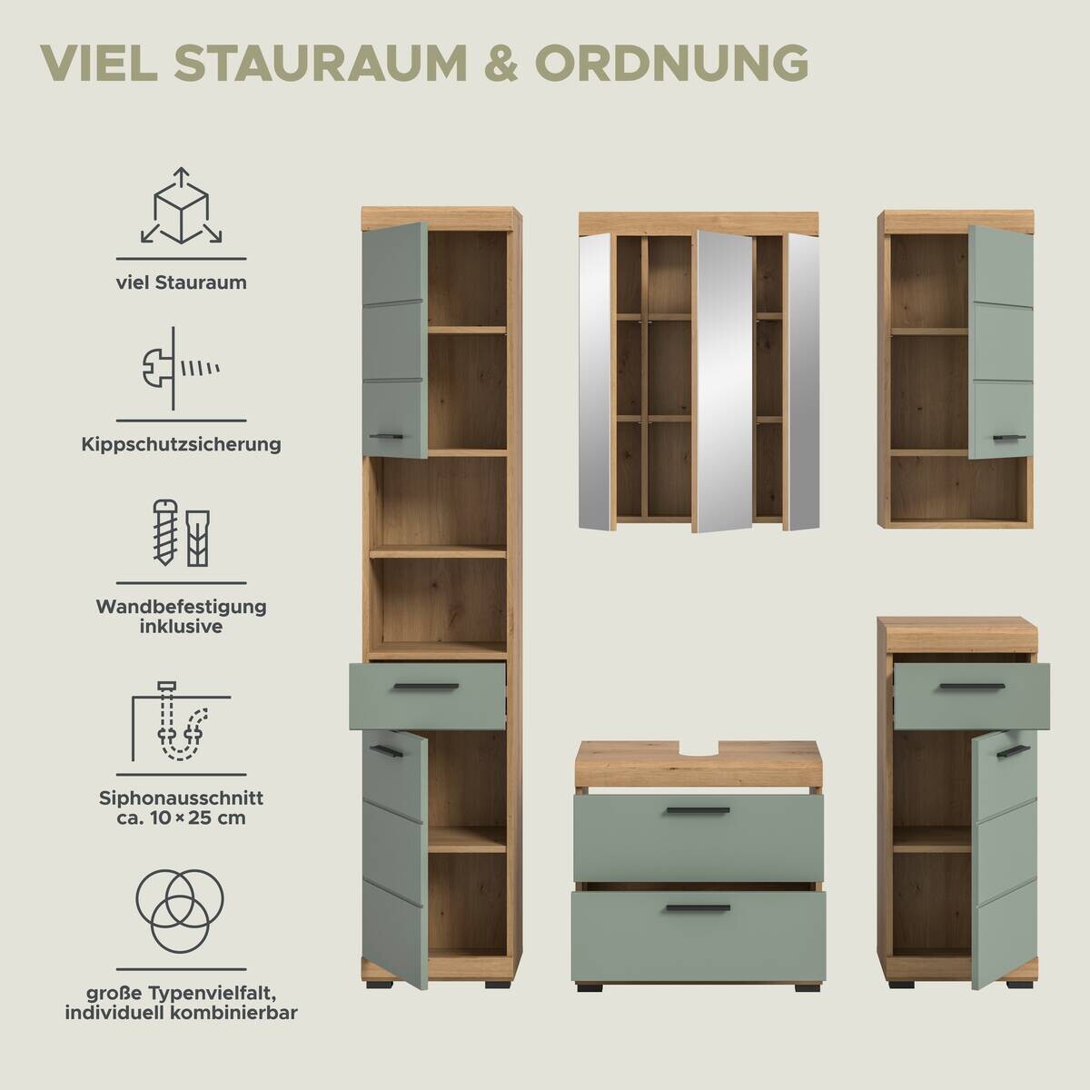 Badezimmer-Set Scout Eiche Artisan Nachbildung salbei Nachbildung B/H/T: ca. 164x191x37 cm