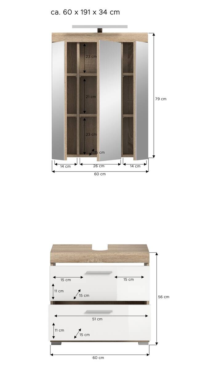 Badezimmer-Set Lambada Eiche Sonoma Nachbildung weiß Hochglanz B/H/T: ca. 60x191x37 cm