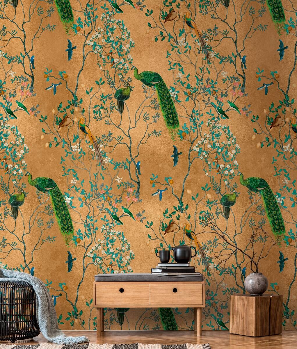 Livingwalls Fototapete Vögel braun bunt grün B/L: ca. 280x159 cm