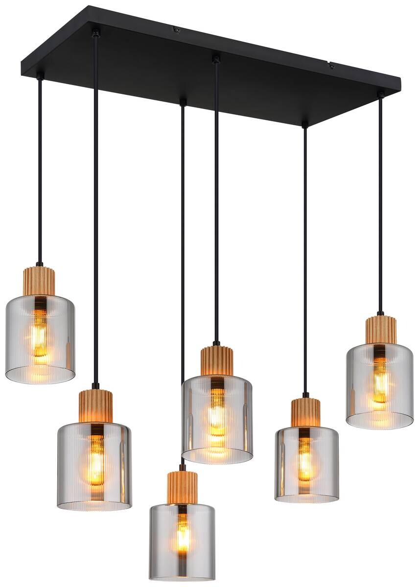 GLOBO Pendelleuchte Rauch schwarz dunkelbraun Glas Holz Metall B/H/L: ca. 33x120x67 cm E27 6 Brennstellen