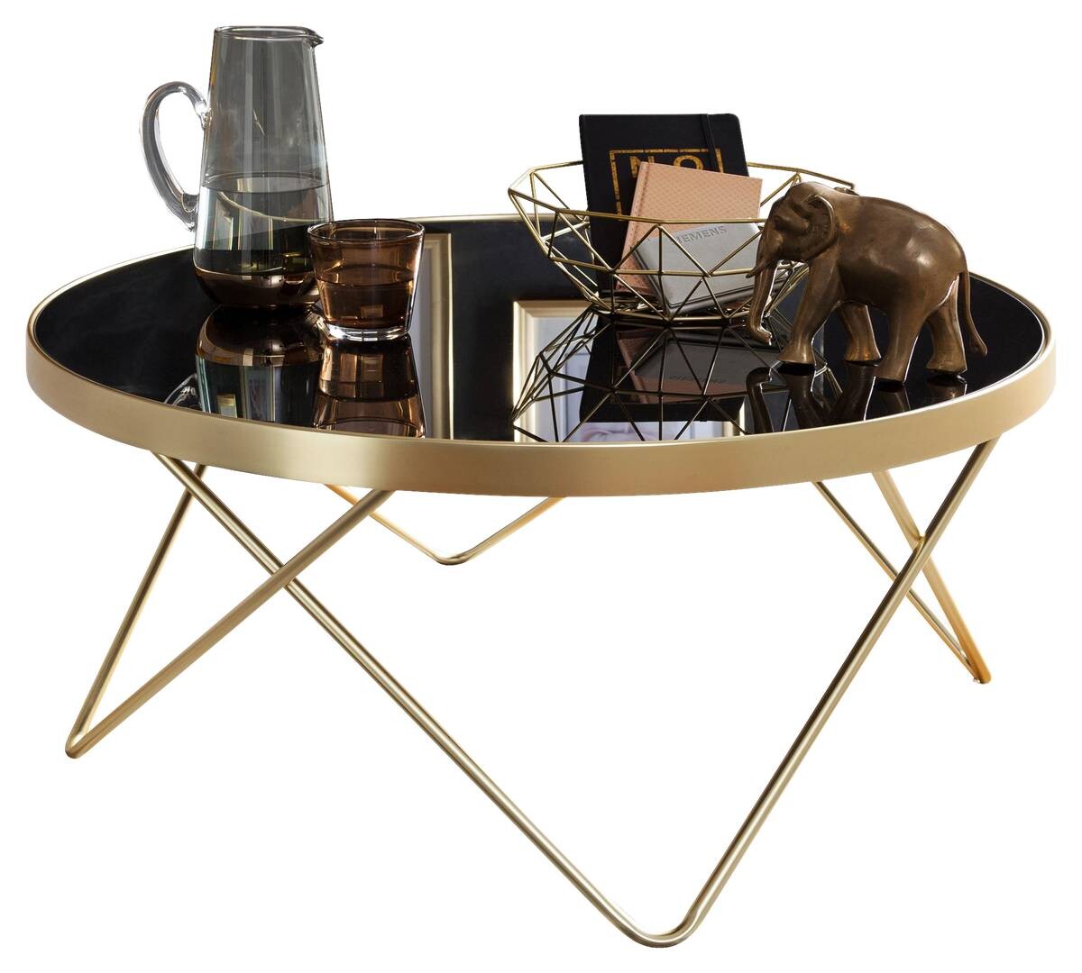Wohnling Couchtisch schwarz gold Glas Stahl H/D: ca. 39x82 cm