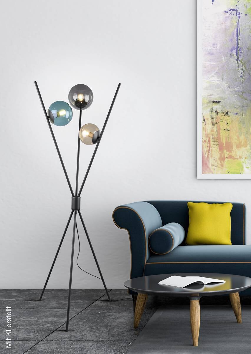 Reality Stehlampe 403400317 mattschwarz amber türkis Rauch Metall Glas H/D: ca. 156x60 cm E14 3 Brennstellen