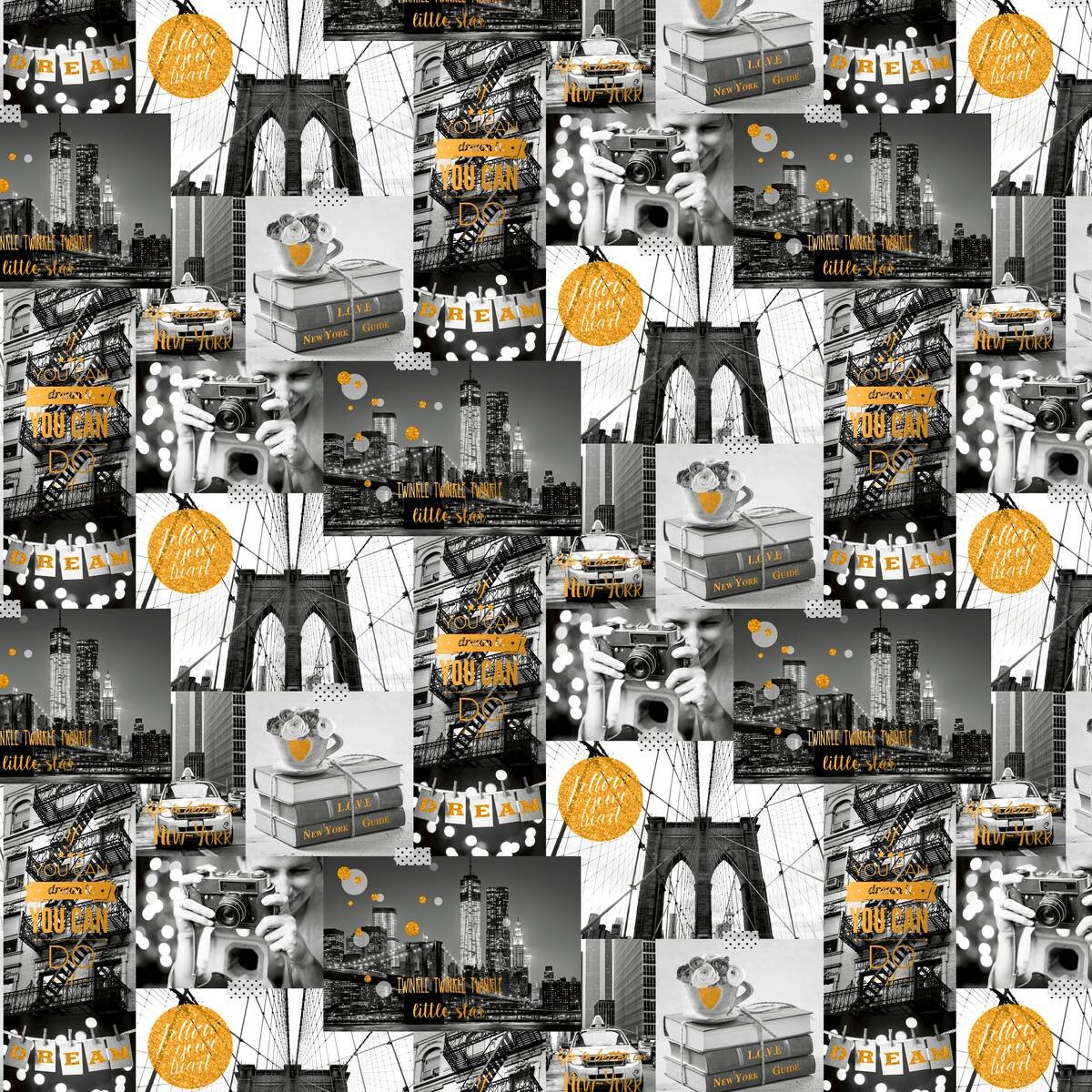 Papiertapete New York grau schwarz gelb B/L: ca. 53x1005 cm