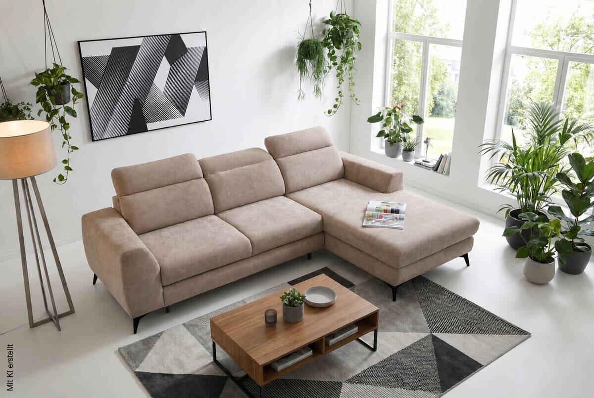 Ecksofa mit Bettfunktion und Bettkasten beige Microfaser B/T: ca. 264x191 cm