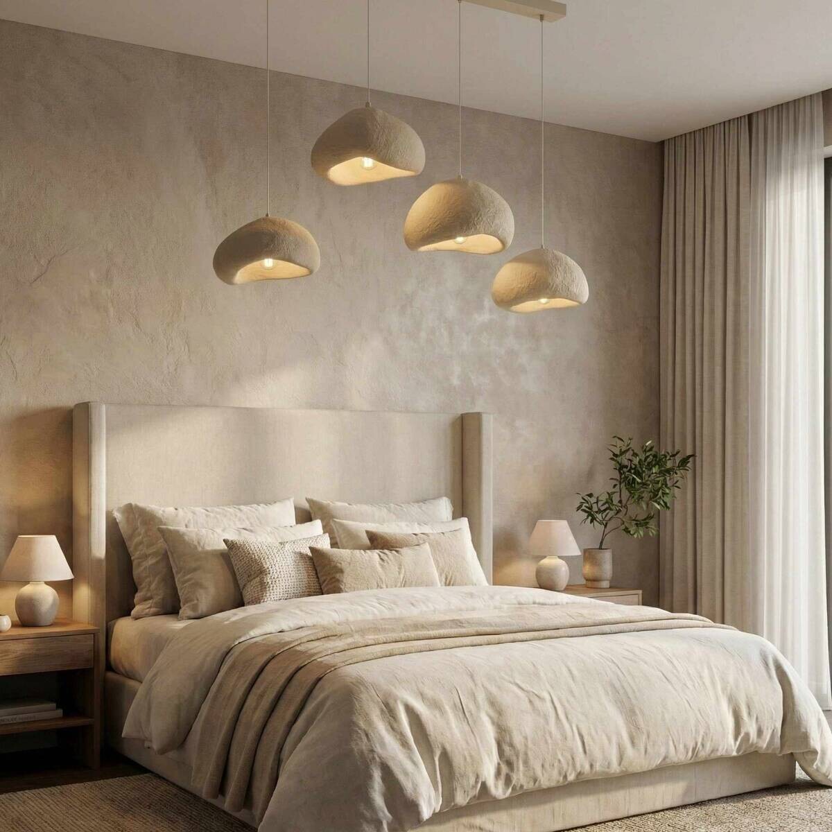 Opviq Pendelleuchte beige Fiberglas Metall B/H/T/L: ca. 174x110x46x174 cm E27 4 Brennstellen