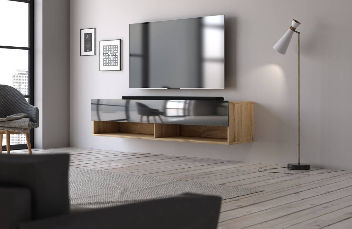 TV-Lowboard TV LOWBOARD DERBY 140 Eiche Wotan Nachbildung schwarz glänzend B/H/T: ca. 140x32,5x31,5 cm