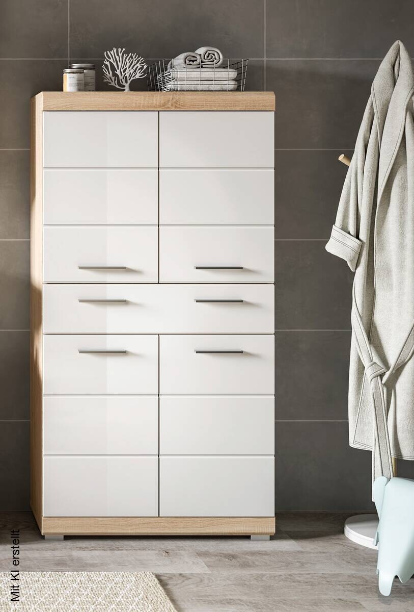 Midischrank Lambada Eiche Sonoma Nachbildung weiß Hochglanz B/H/T: ca. 74x141x31 cm
