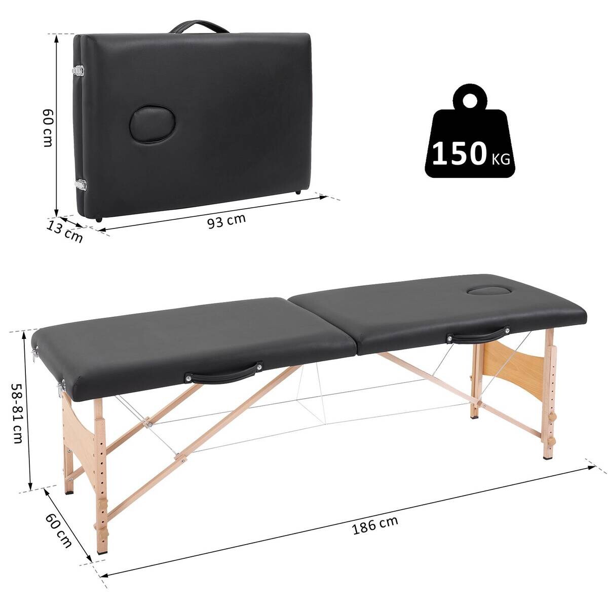 HOMCOM Massageliege schwarz Holz B/H/L: ca. 60x186x58 cm