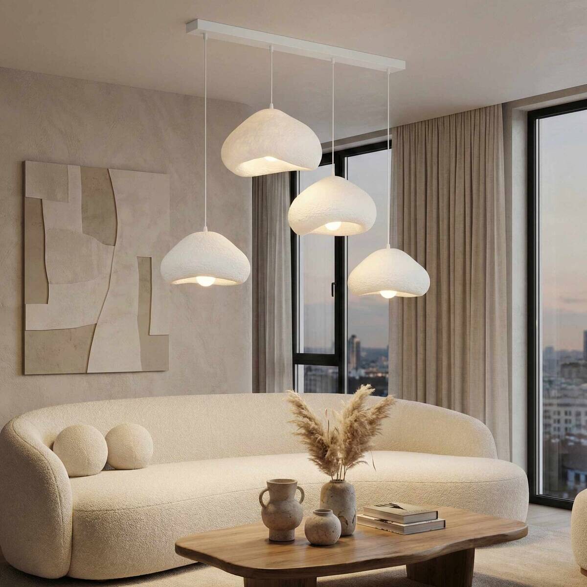 Opviq Pendelleuchte weiß Metall Fiberglas B/H/T/L: ca. 154x110x46x154 cm E27 4 Brennstellen