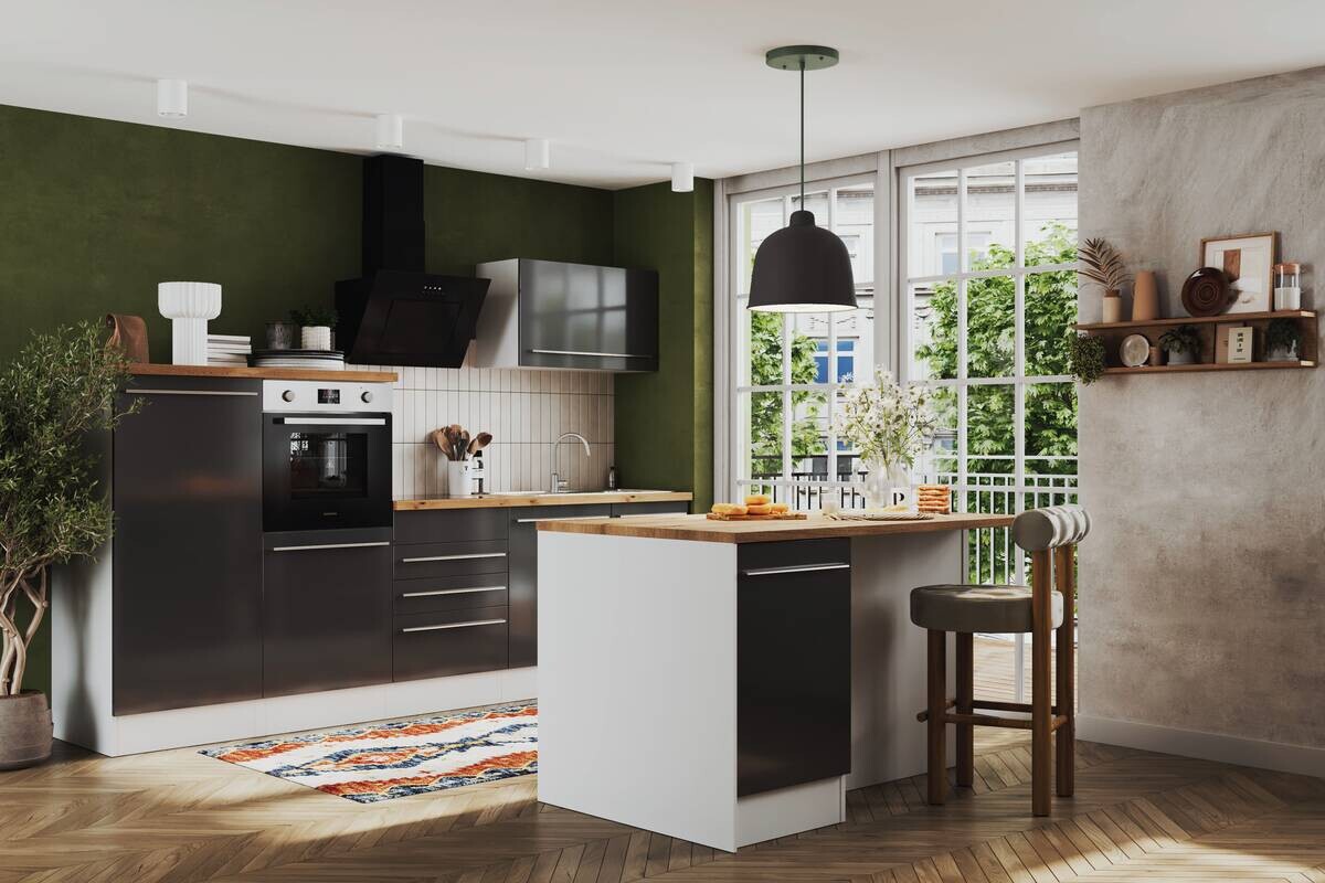 Respekta Inselküche Gabriel grau Hochglanz B/H/T: ca. 290x200x60 cm