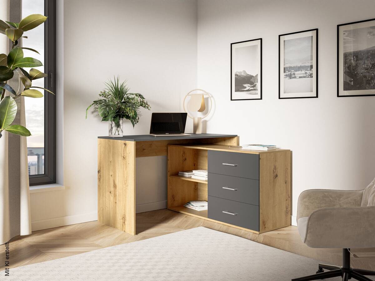 Schreibtisch KURT Eiche Artisan Nachbildung anthrazit B/H/T: ca. 120x75,4x122 cm