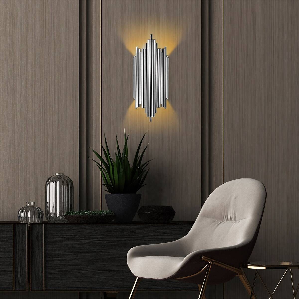 Opviq Wandleuchte Reis Chrom Metall B/H/T/L: ca. 22x50x22x11 cm E14 1 Brennstellen