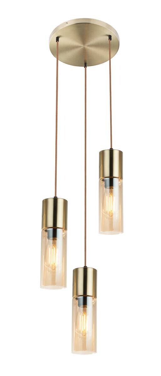 GLOBO Pendelleuchte messing amber Metall Glas H/D: ca. 150x30 cm E27 3 Brennstellen