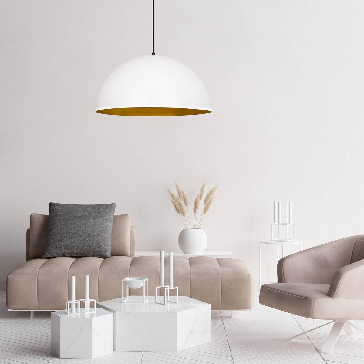 Opviq Pendelleuchte Sivani weiß gold Metall B/H/T/L/D: ca. 60x126x60x60x60 cm E27 1 Brennstellen