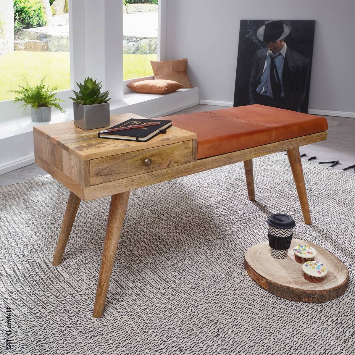 Wohnling Sitzbank natur braun Echtholz Leder B/H/T: ca. 100x52x38 cm