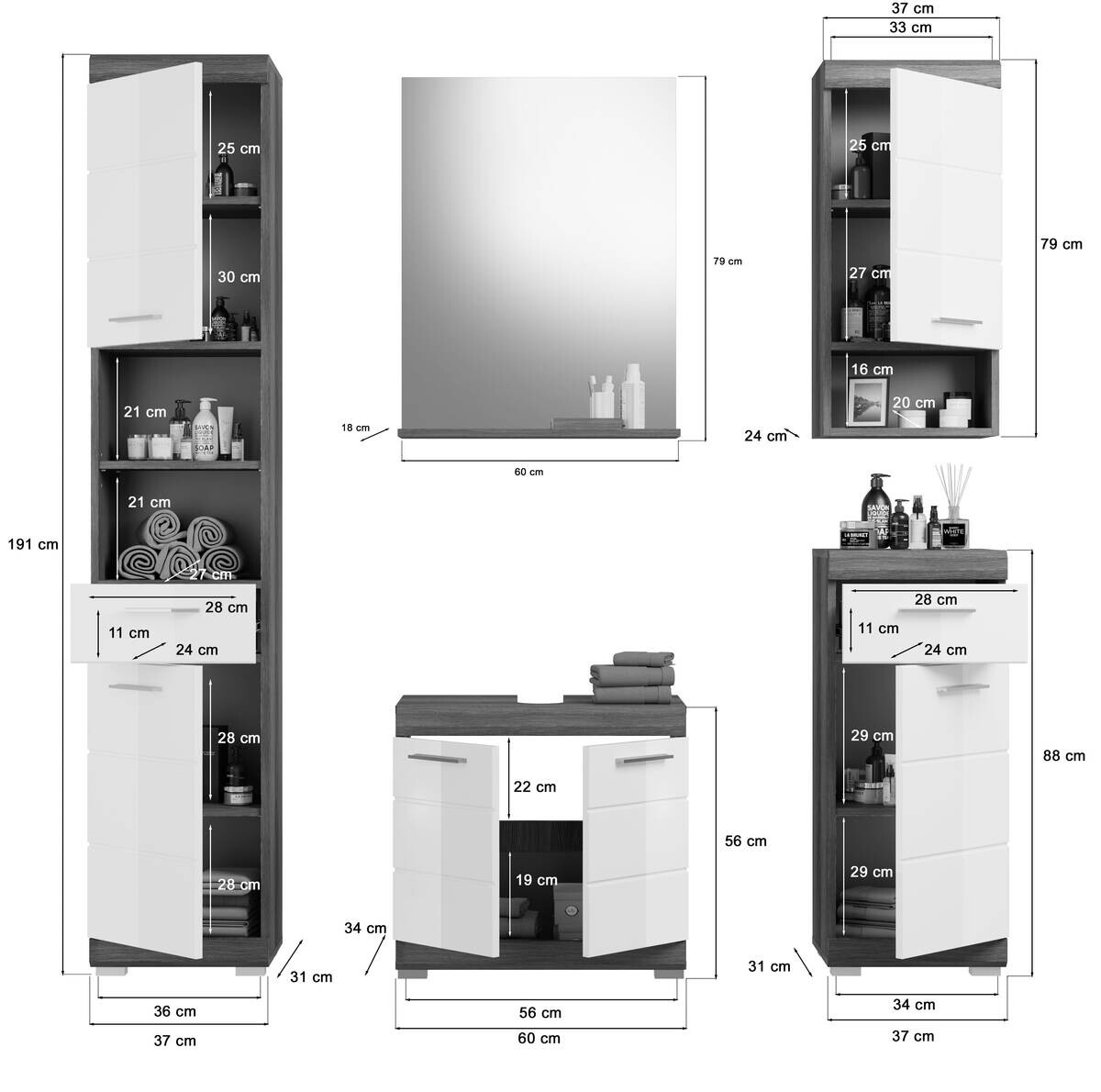Badezimmer-Set Scout Eiche Rauchsilber Nachbildung weiß Hochglanz B/H/T: ca. 164x191x34 cm