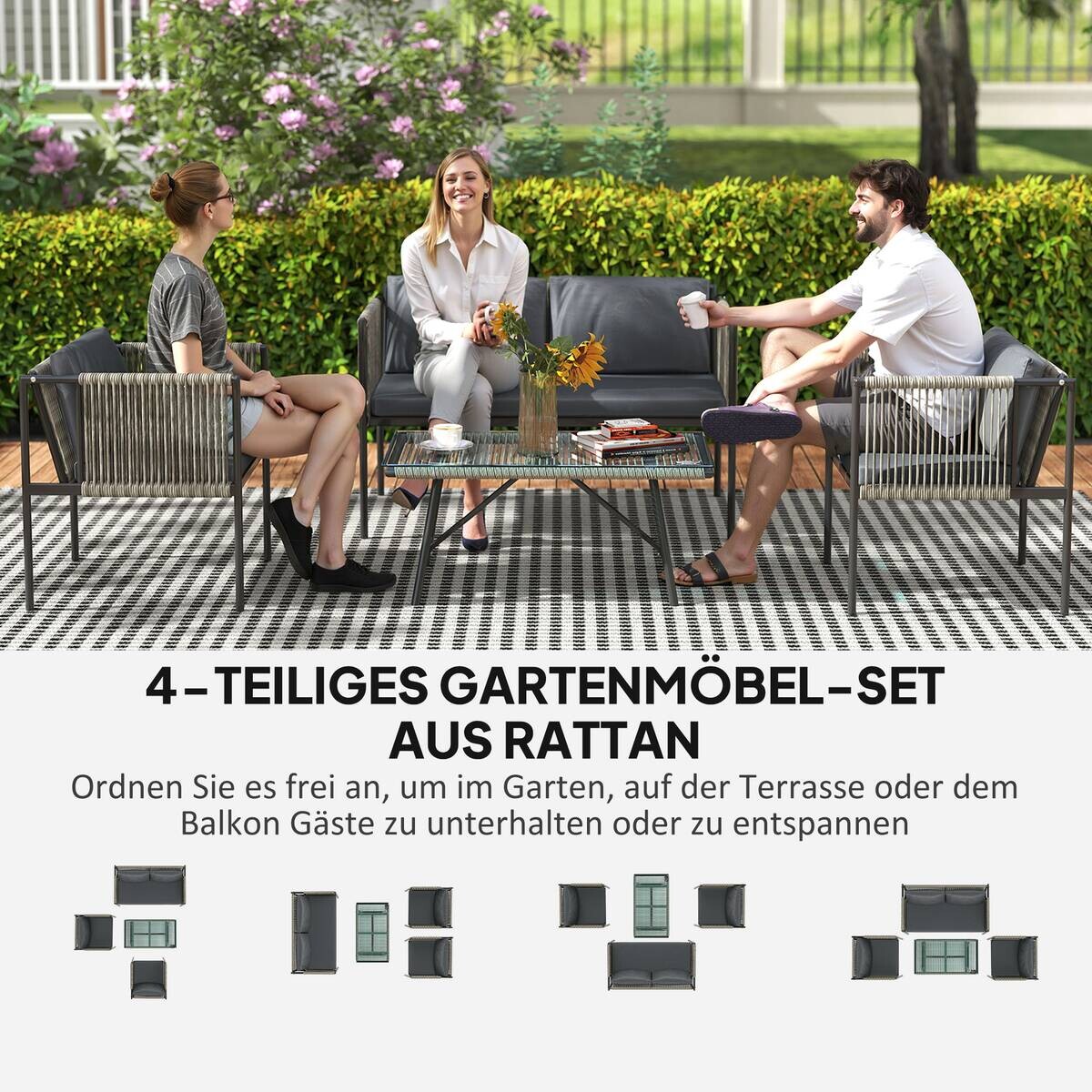 Outsunny Rattan Gartenmöbel-Set grau Stahl B/H/L: ca. 65x68x116 cm
