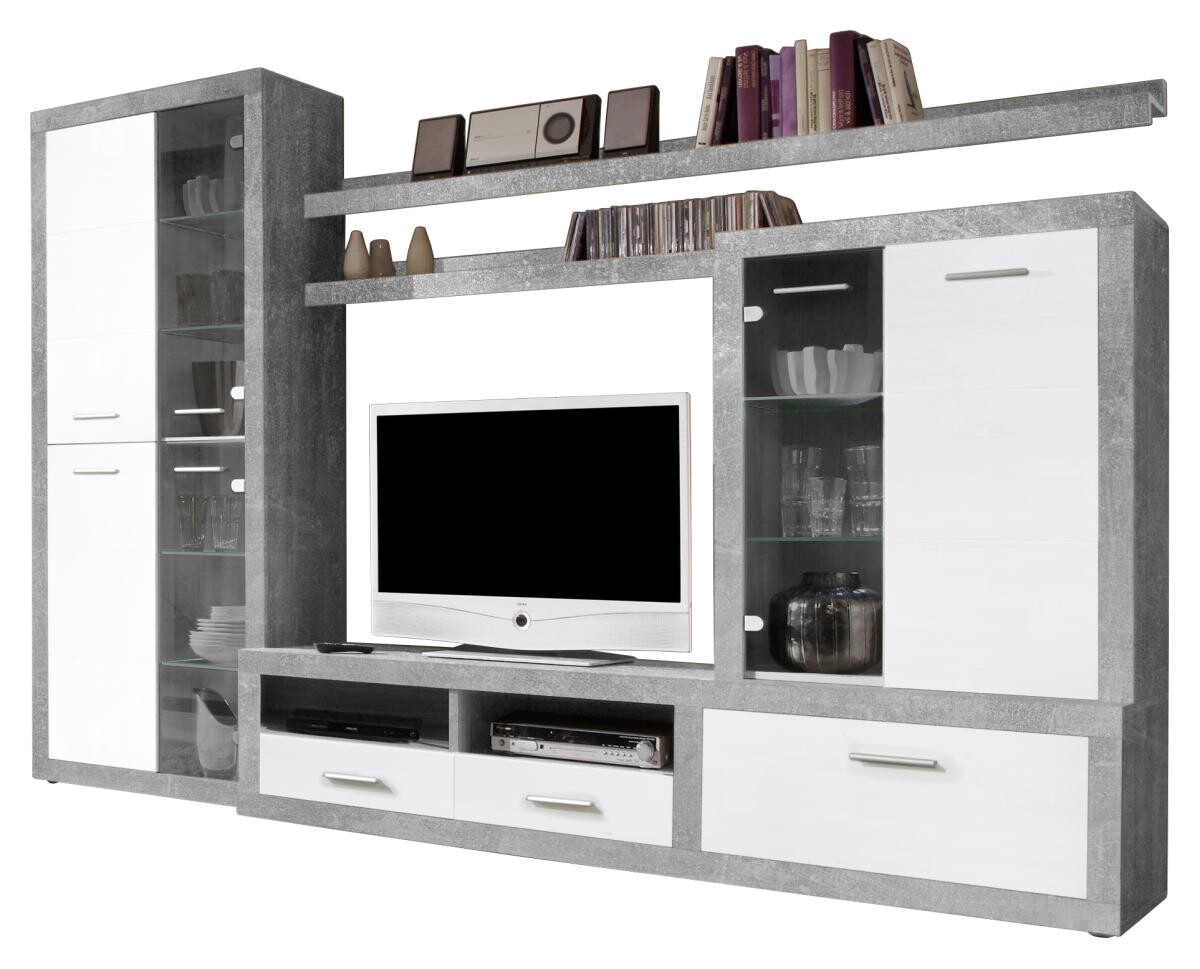 Wohnwand CanCan Beton Optik weiß B/H/T: ca. 285x195x40 cm | weiß | 285,00/195,00/40,00 cm