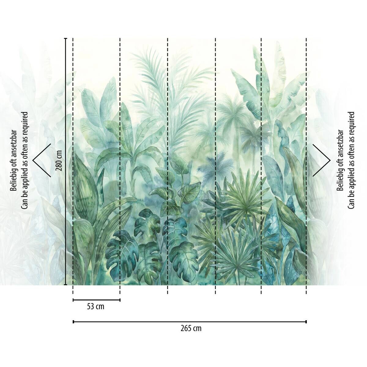 Livingwalls Fototapete Dschungel blau grün creme B/L: ca. 280x265 cm