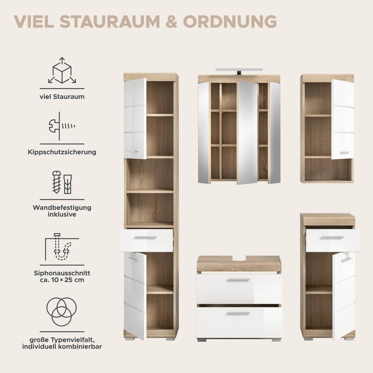 Badezimmer-Set Lambada Eiche Sonoma Nachbildung weiß Hochglanz B/H/T: ca. 164x191x37 cm