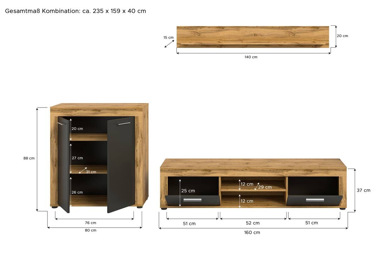Wohnwand Jam Eiche Wotan Nachbildung grau B/H/T: ca. 255x159x35 cm