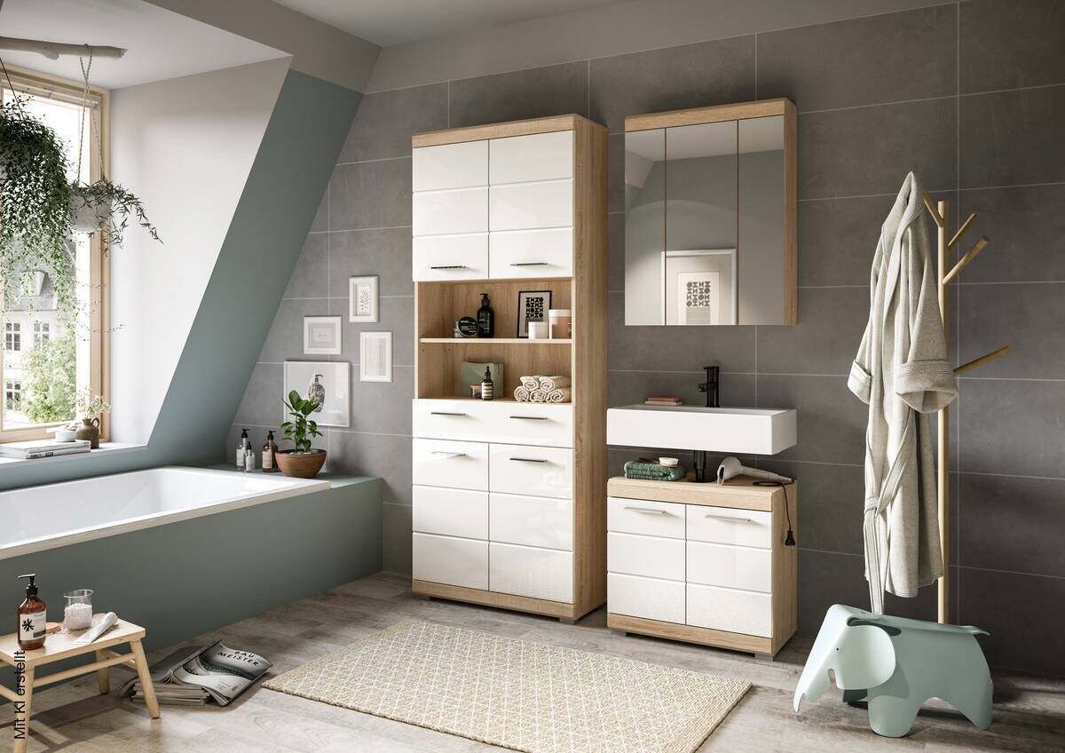 Badezimmer-Set Lambada Eiche Sonoma Nachbildung weiß Hochglanz B/H/T: ca. 149x34x191 cm