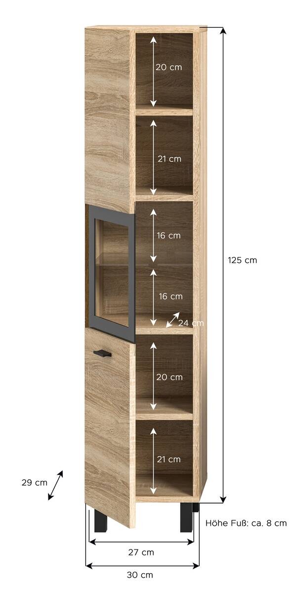 Badhochschrank BOSTON Eiche Sonoma Nachbildung schwarz B/H/T: ca. 30x125x29 cm