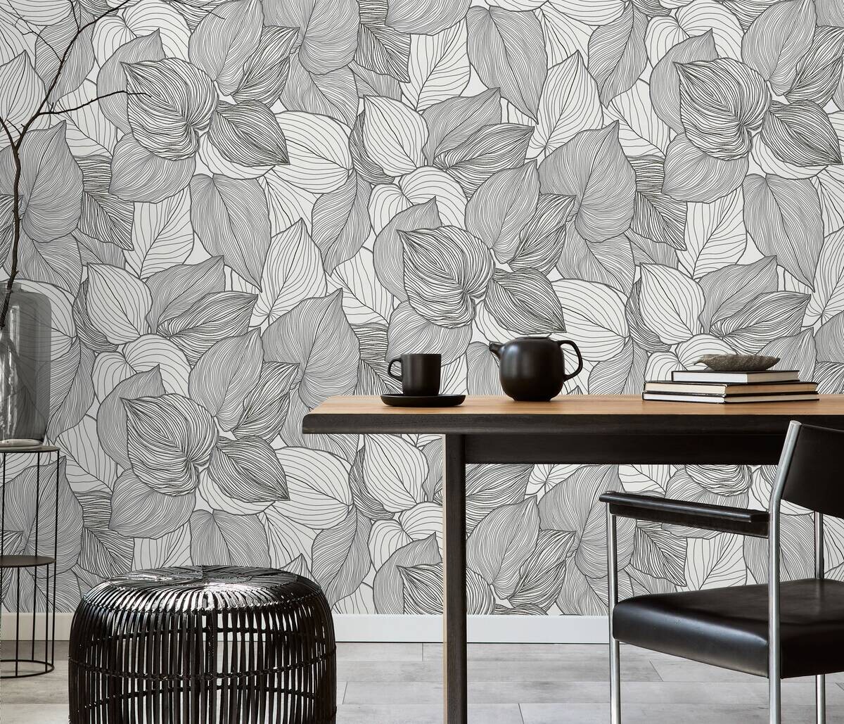 Erismann Vliestapete Blätter weiß schwarz B/L: ca. 53x1005 cm