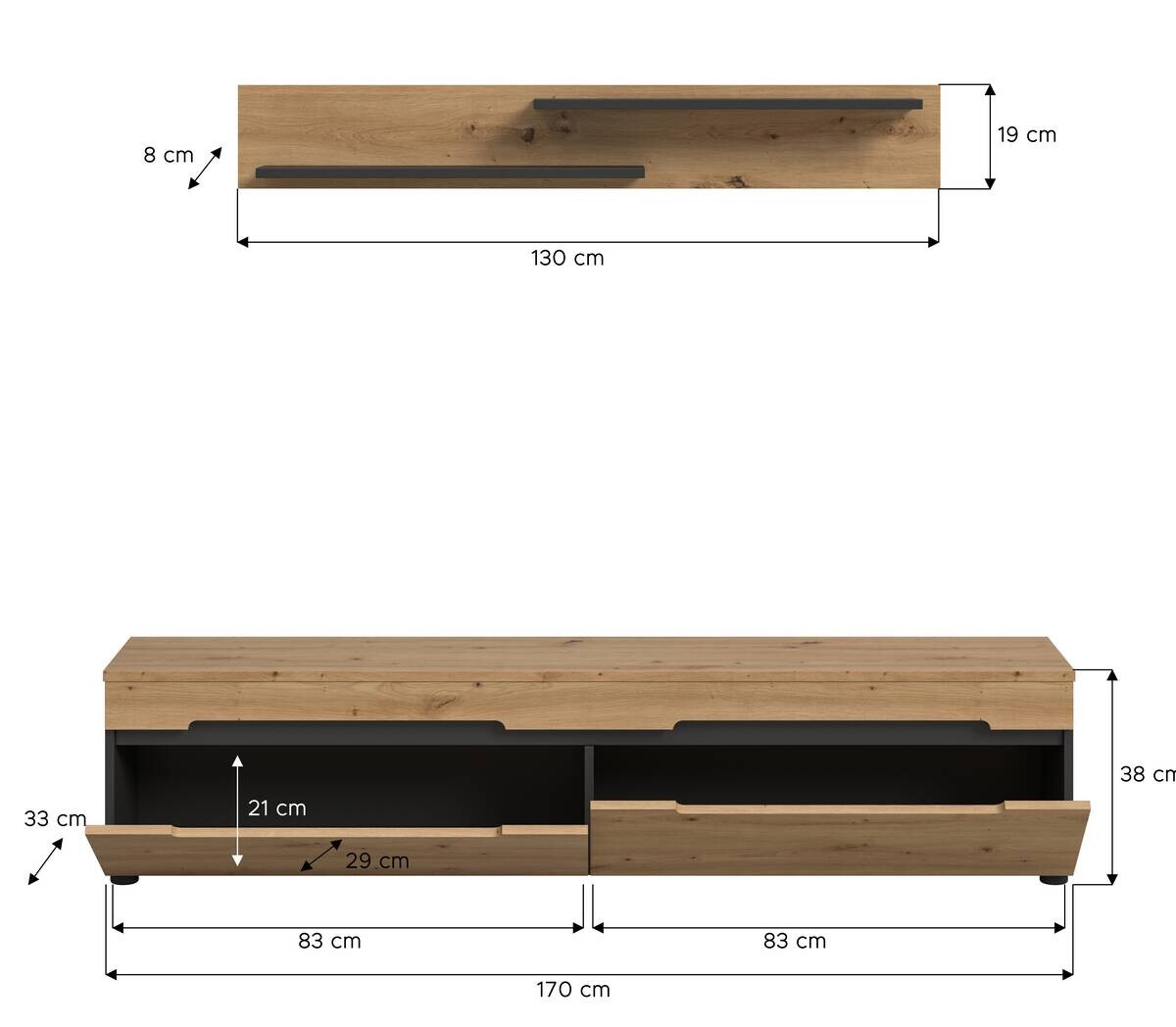 TV-Kommode Canu basaltgrau Nachbildung Artisan Oak Nachbildung B/H/T: ca. 170x38x33 cm