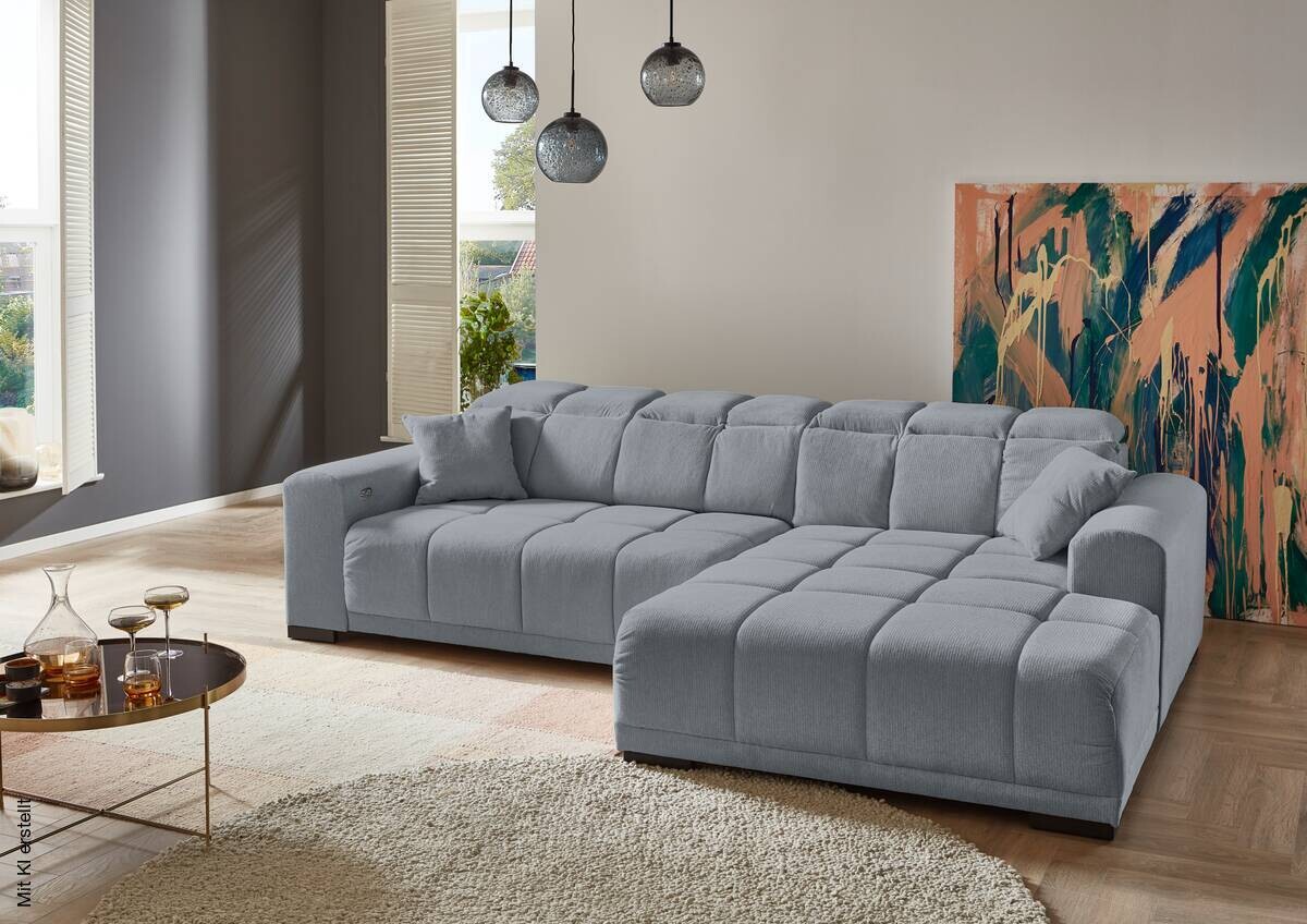 Ecksofa mit elektrischer Sitztiefenverstellung hellgrau Microfaser B/H/T: ca. 301x113x195 cm