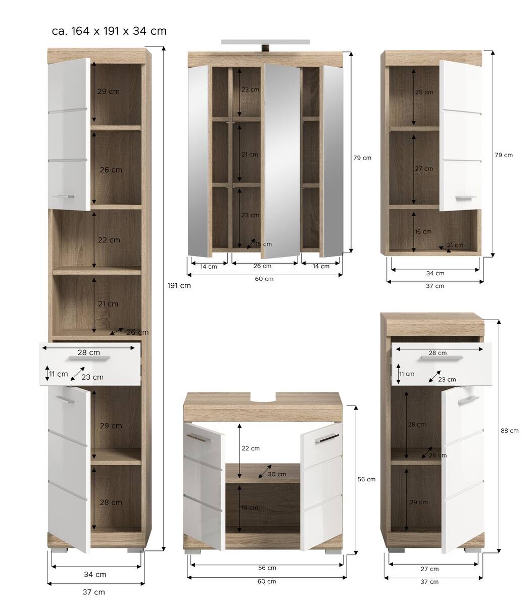 Badezimmer-Set Lambada Eiche Sonoma Nachbildung weiß Hochglanz B/H/T: ca. 164x191x34 cm