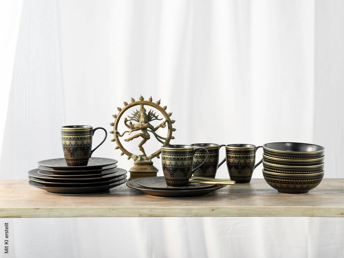CreaTable Kombiservice MANDALA GOLD schwarz Steinzeug 16 tlg.