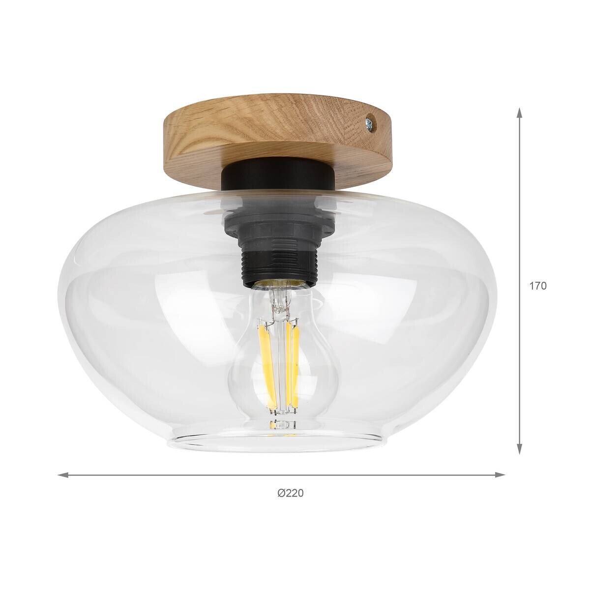 Lamkur Deckenleuchte Chrom Eiche Eiche Glas B/H/L: ca. 22x17x22 cm E27 1 Brennstellen