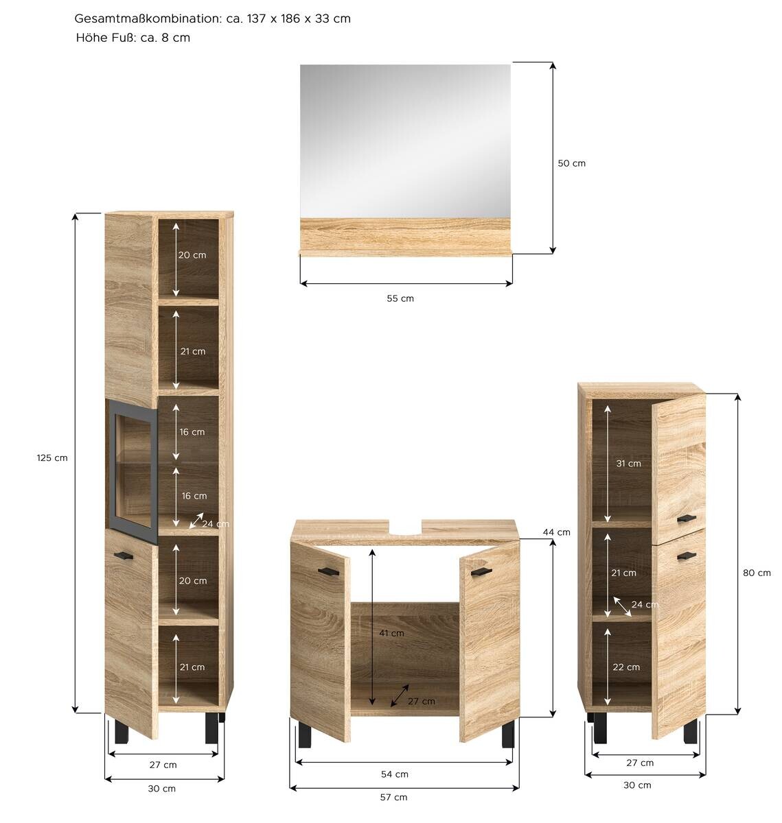 Badezimmer-Set BOSTON Eiche Sonoma Nachbildung schwarz B/H/T: ca. 137x186x33 cm