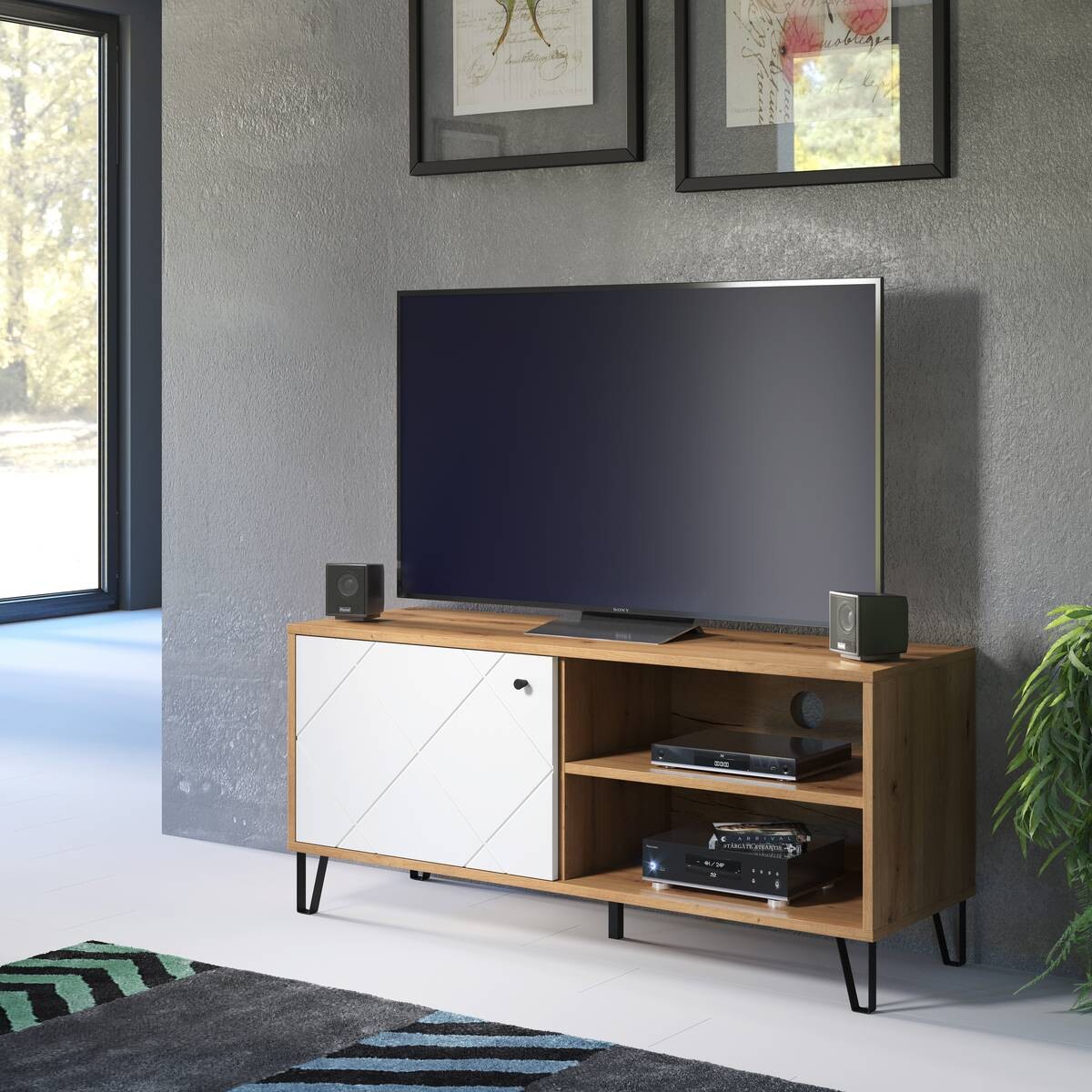 TV-Lowboard Touch weiß matt Eiche Artisan Nachbildung B/H/T: ca. 123x56x40 cm