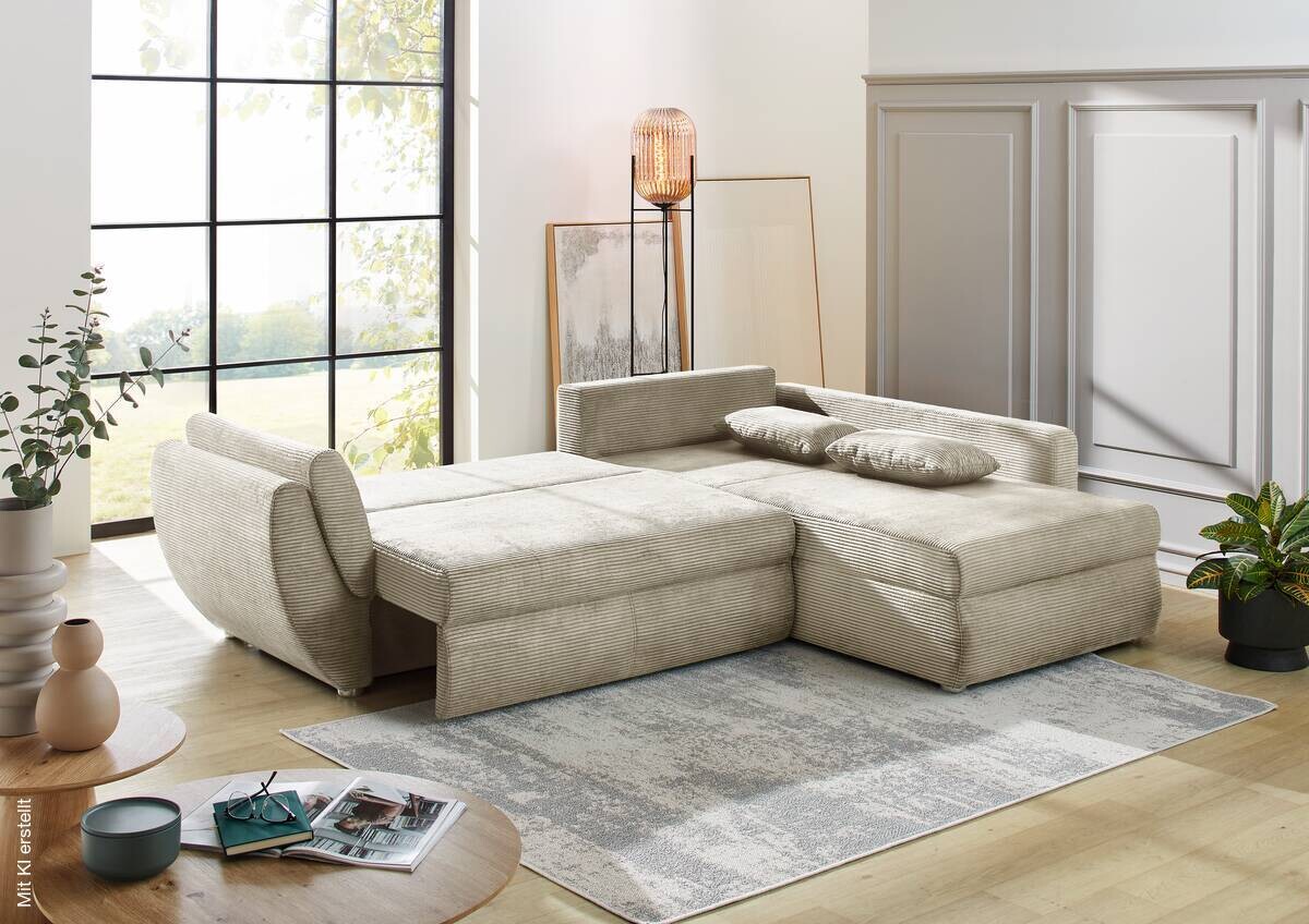 Ecksofa mit Bettfunktion und Bettkasten Greige Microfaser B/H/T: ca. 272x88x200 cm