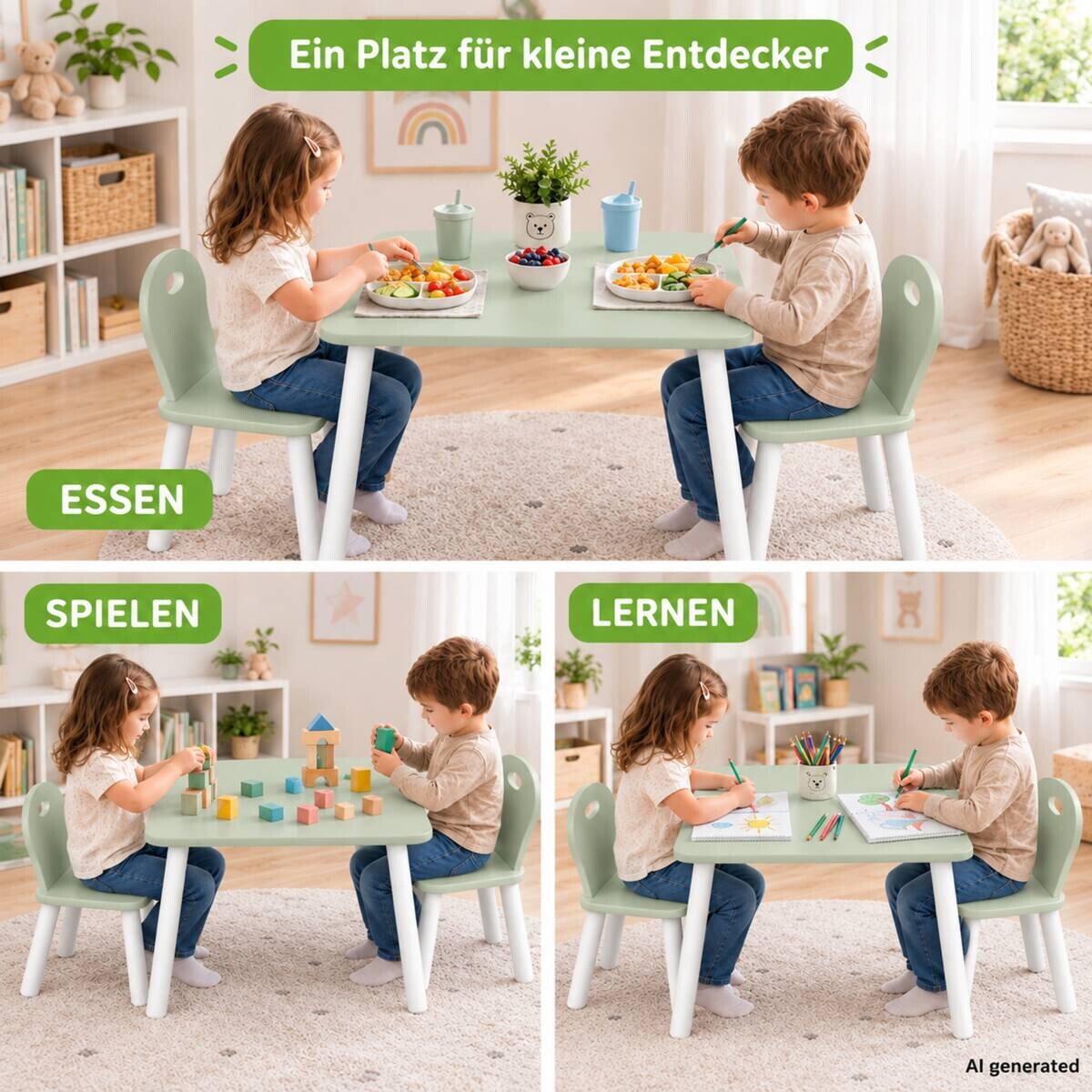 Kesper Kindertisch mit 2 Stühlen mint Spanplatte B/H/L: ca. 55x45x55 cm