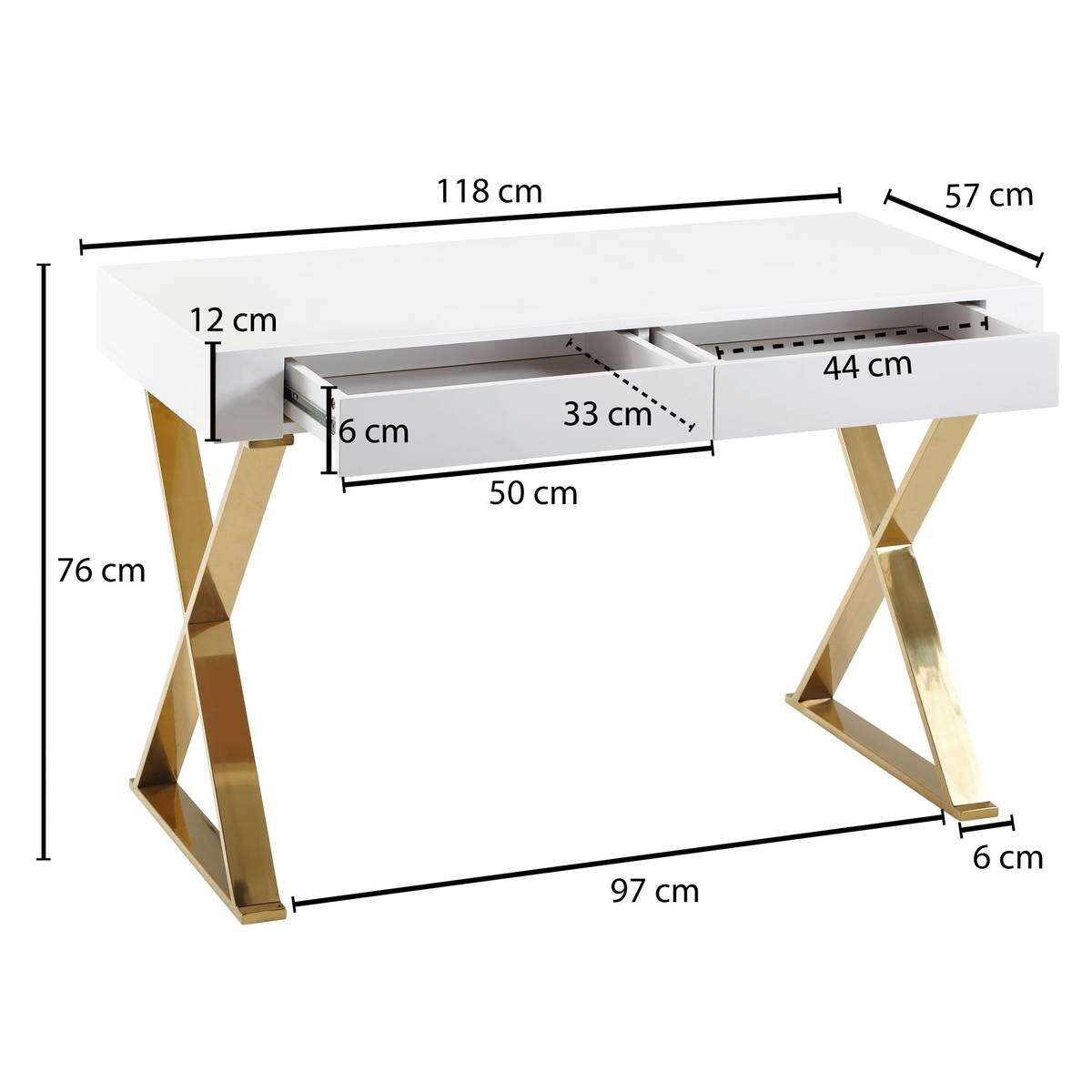Schreibtisch weiß Lack Hochglanz gold lackiert B/H/T: ca. 118x76x57 cm