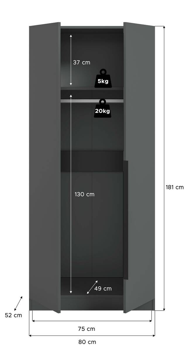 Kleiderschrank KOPENHAGEN anthrazit B/H/T: ca. 80x181x52 cm